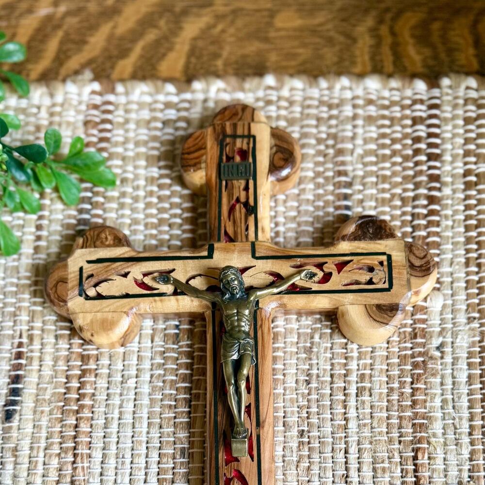 Handmade Holy Land Olive Wood Crucifix | Bethlehem Wall Cross with Brass Corpus